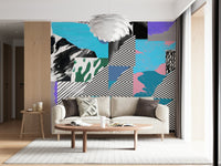 A bold party-inspired wallpaper with overlapping colorful elements and quirky graphic textures.