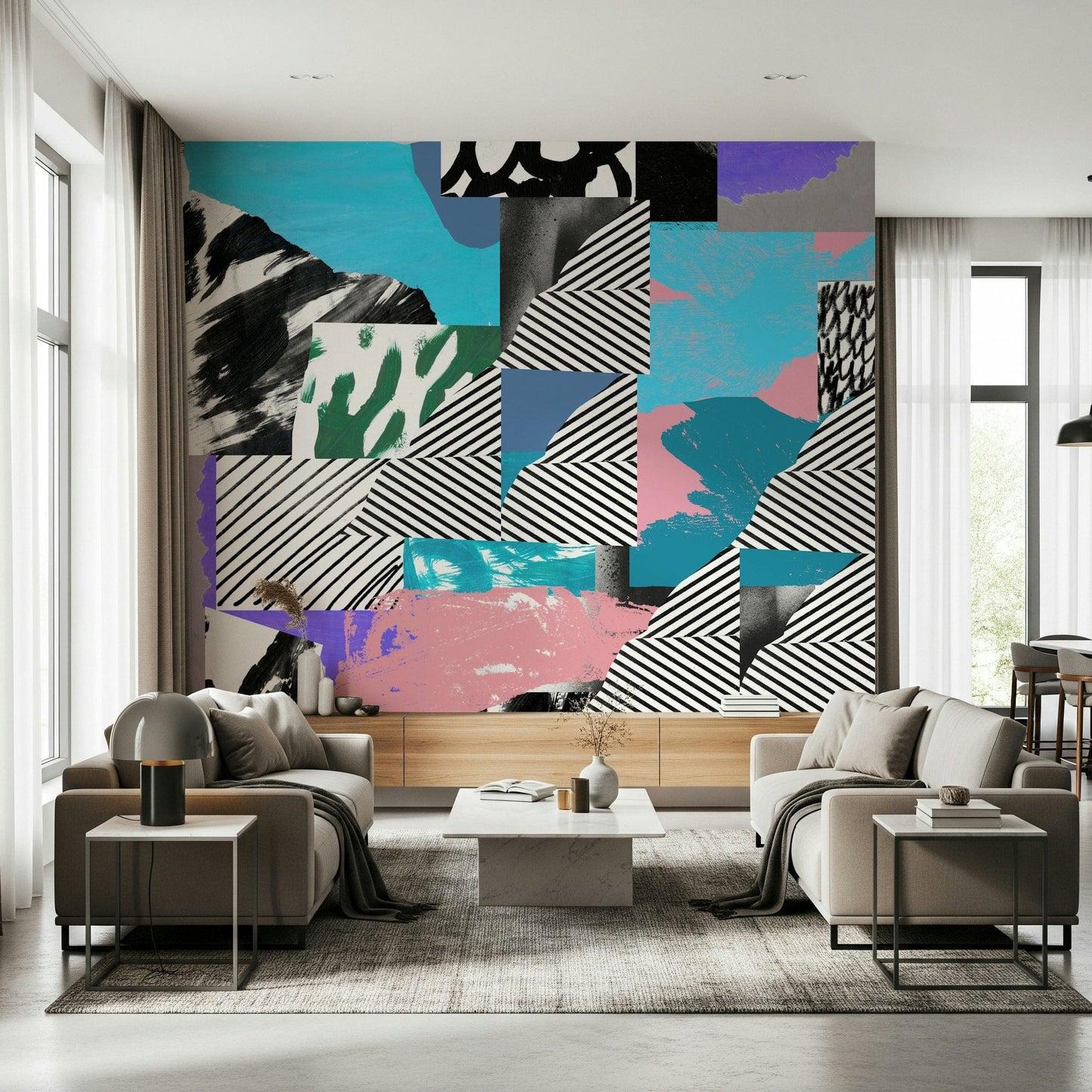 A vibrant abstract wallpaper filled with colorful party-like shapes, stripes, and playful patterns.