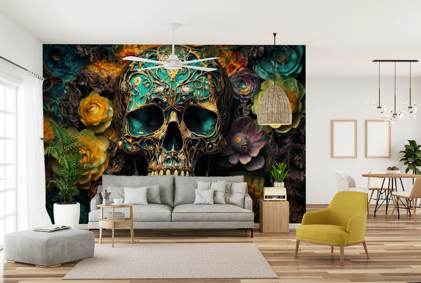 Unique contrast of dark bones and colorful floral patterns

