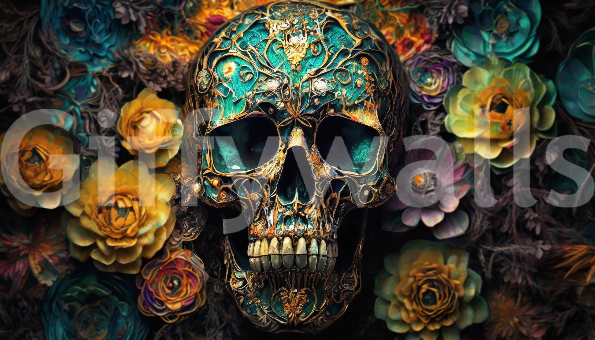 Rich contrast between dark bones and bright flowers in the mural

