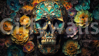 Rich contrast between dark bones and bright flowers in the mural

