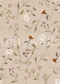 Memories in Petals Cream wallpaper close-up showing watercolor daisies and orange blooms on a soft beige pattern