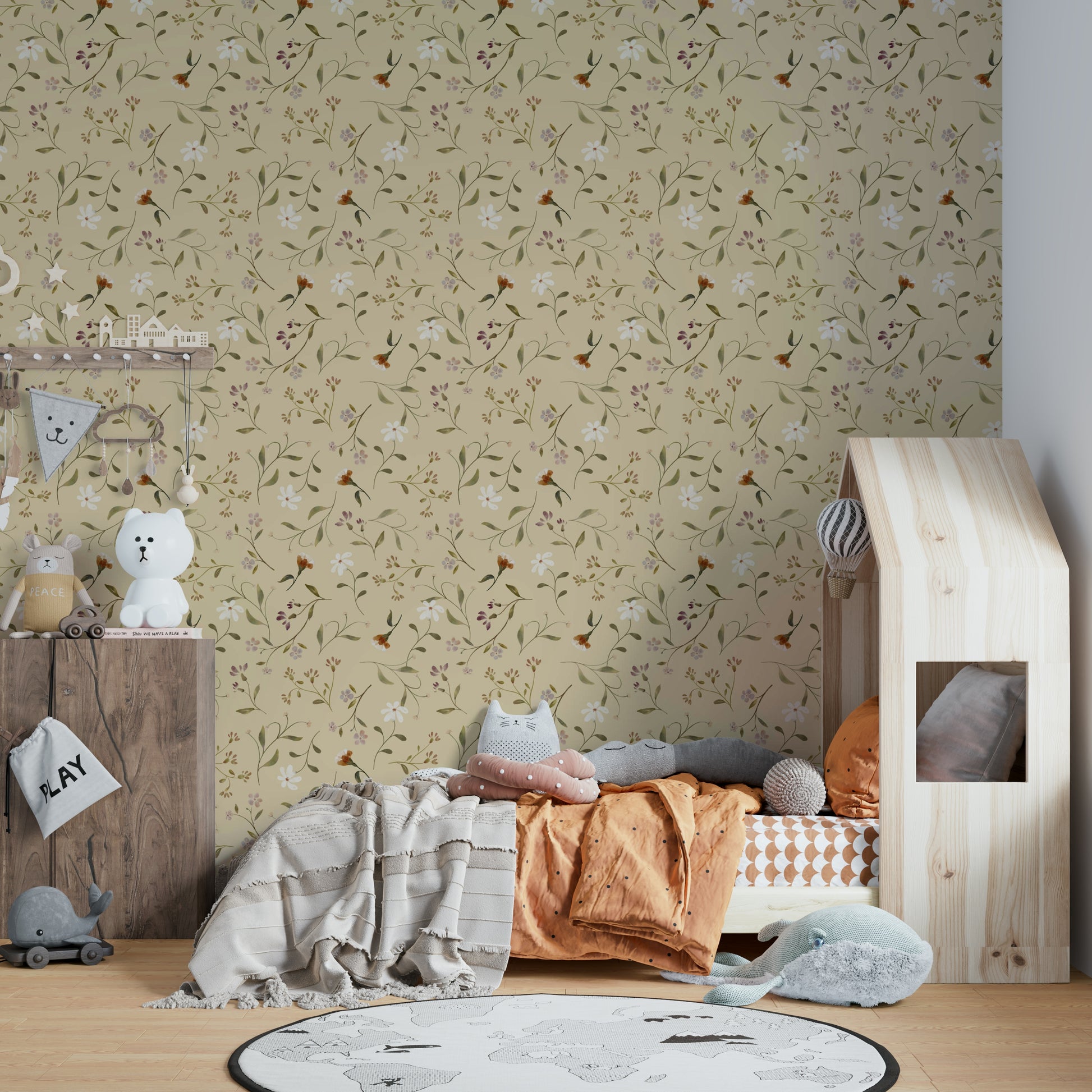 Soft romantic wall design with blooming flowers

