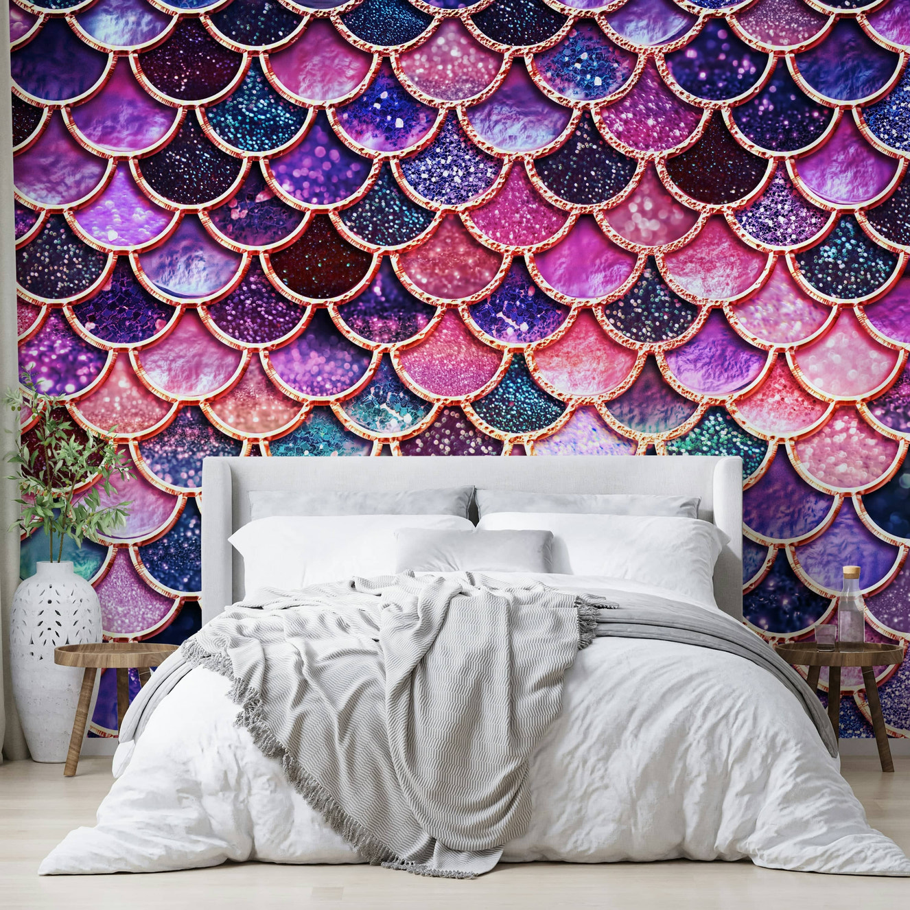 Wall mural with enchanted pink mermaid scales.

