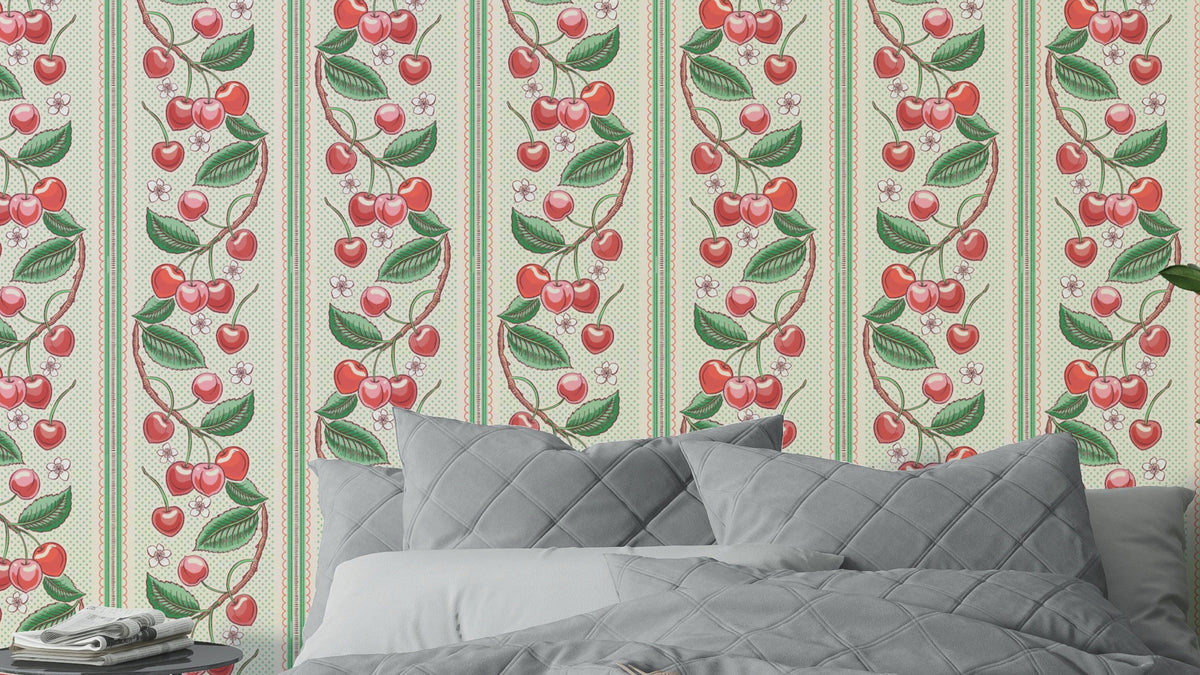 Merry cherry red and green stripe wallpaper with festive pattern

