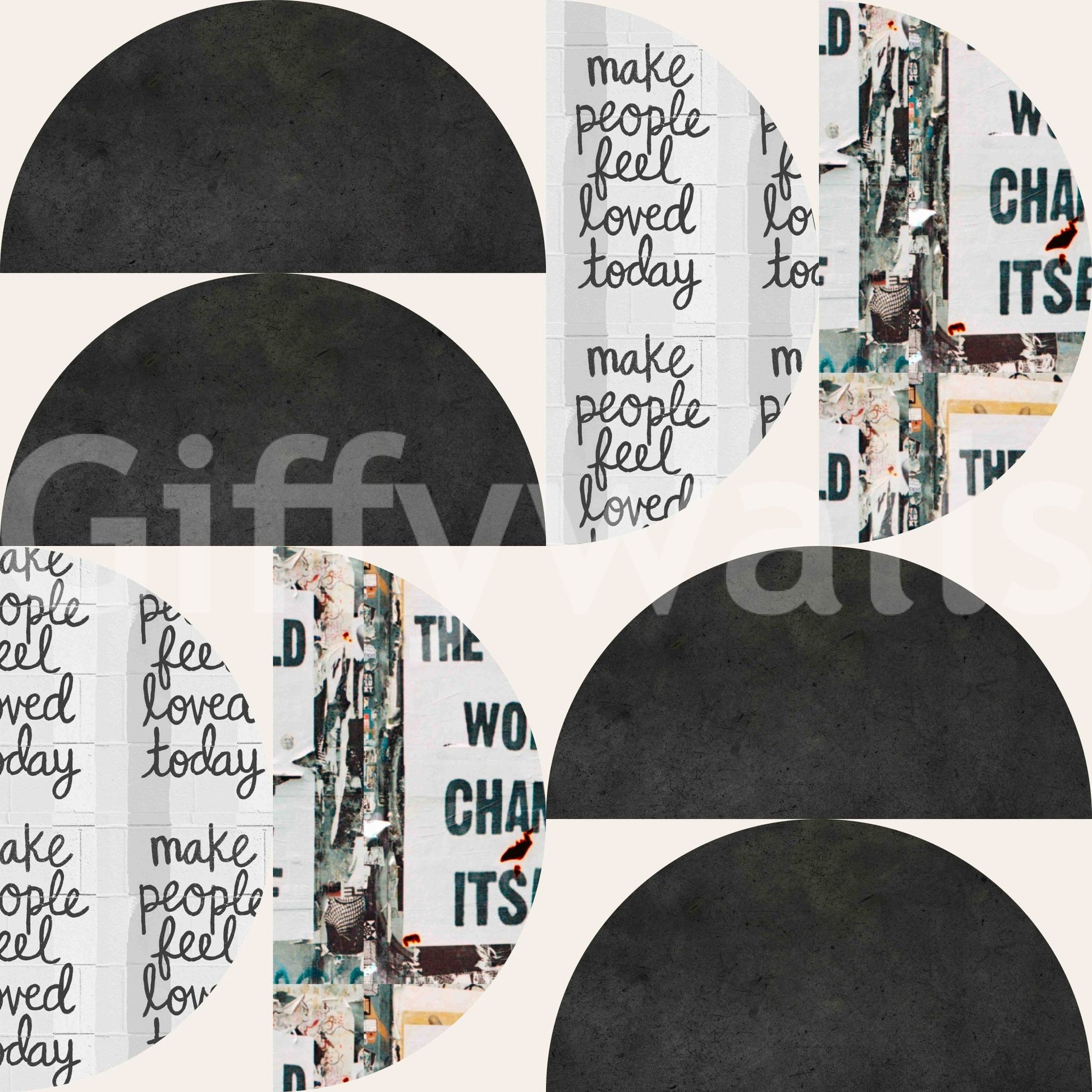 Modern art wallpaper featuring words and geometry

