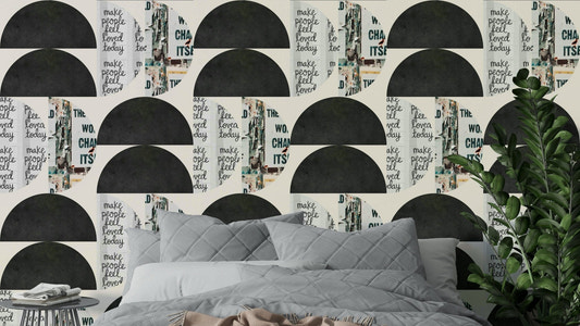 Mescolanza 15 wallpaper with dark semicircles and text collage

