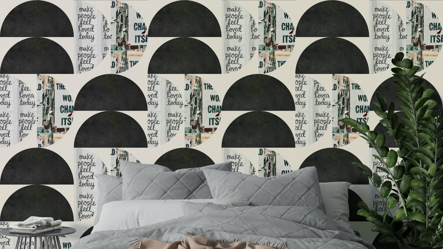 Mescolanza 15 wallpaper with dark semicircles and text collage

