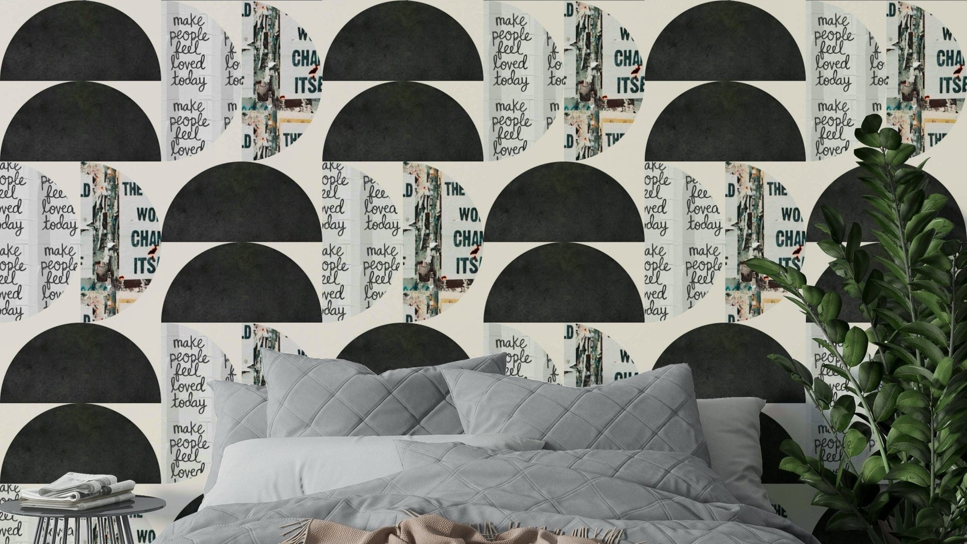 Mescolanza 15 wallpaper with dark semicircles and text collage

