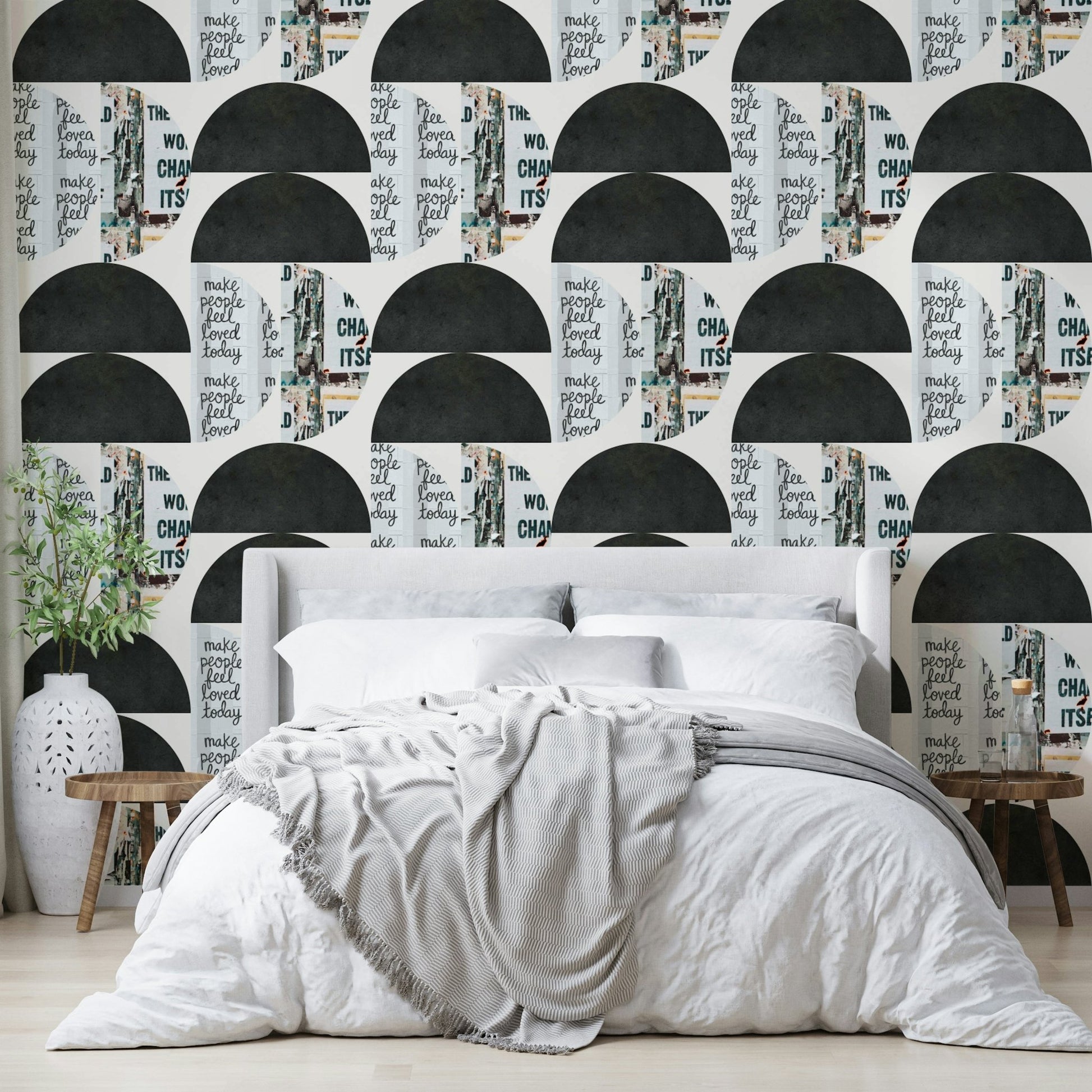 Creative space wall decorated with abstract collage wallpaper

