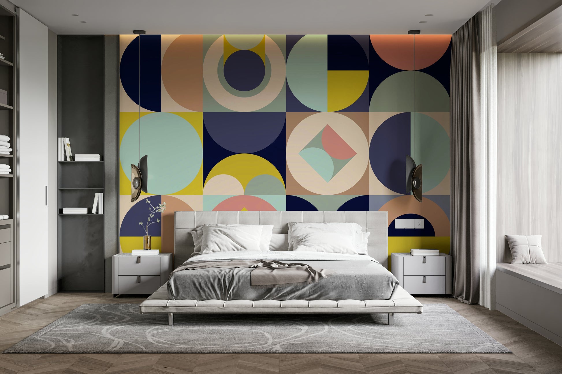 Mescolanza Alt V3 wallpaper mural in navy, peach and yellow circles behind a white platform bed and grey nightstands