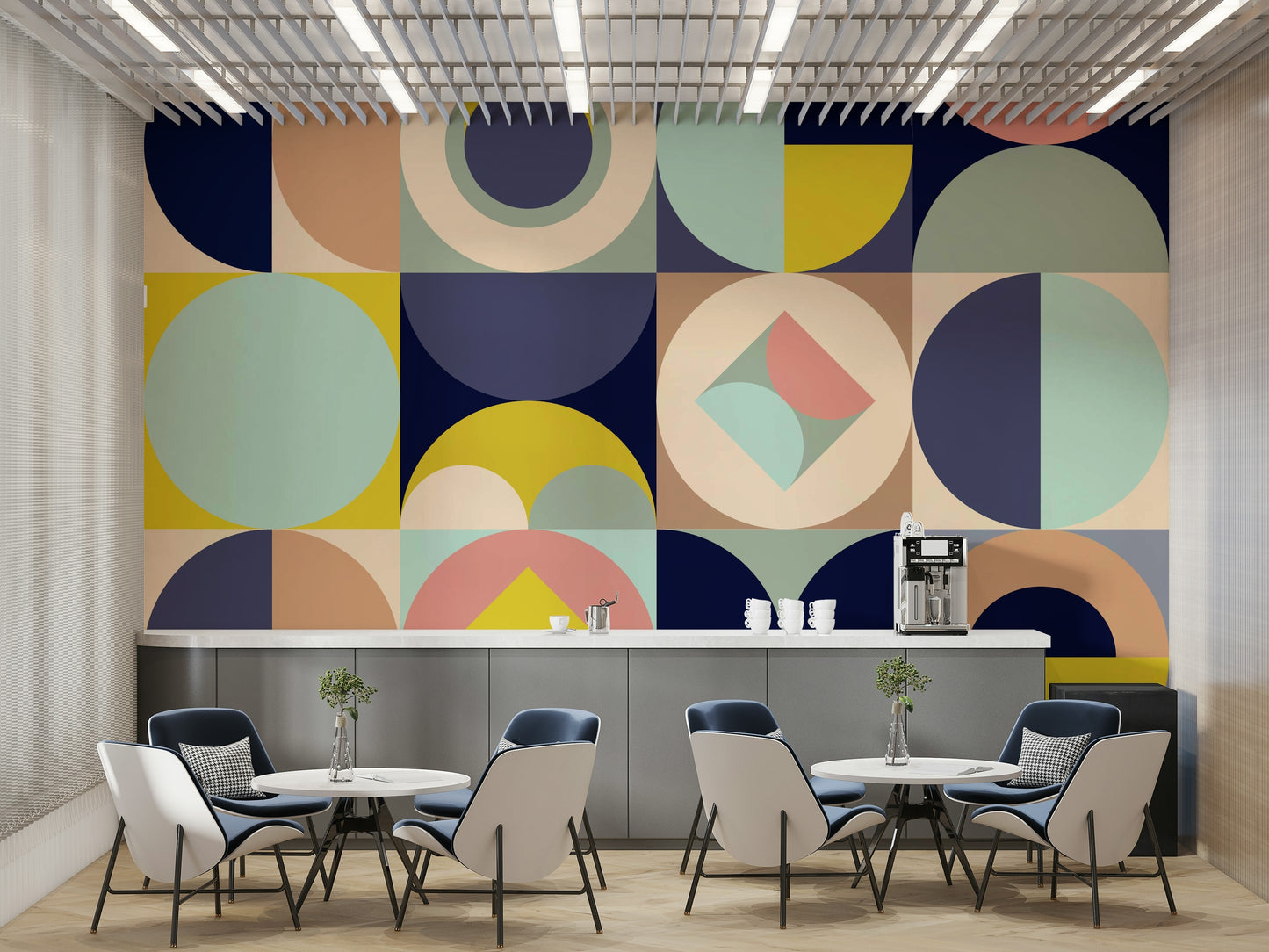 Mescolanza Alt V3 wallpaper mural of bold geometric shapes in a cafe dining area with white tables and navy chairs