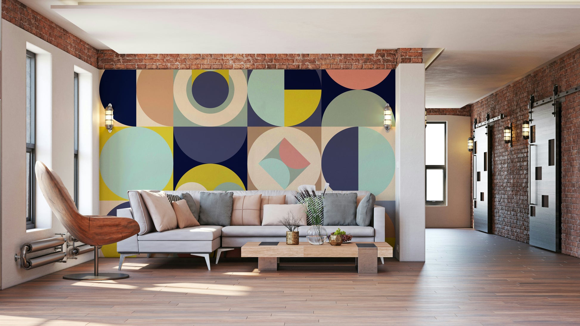 Mescolanza Alt V3 wallpaper mural of bold circles and diamonds behind a beige sectional sofa in an exposed-brick loft living room