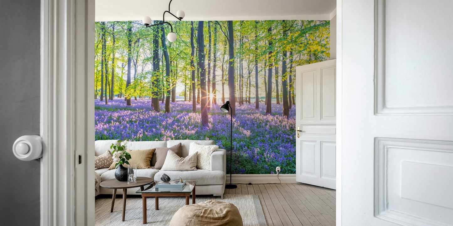 Bluebell flowers covering the forest floor
