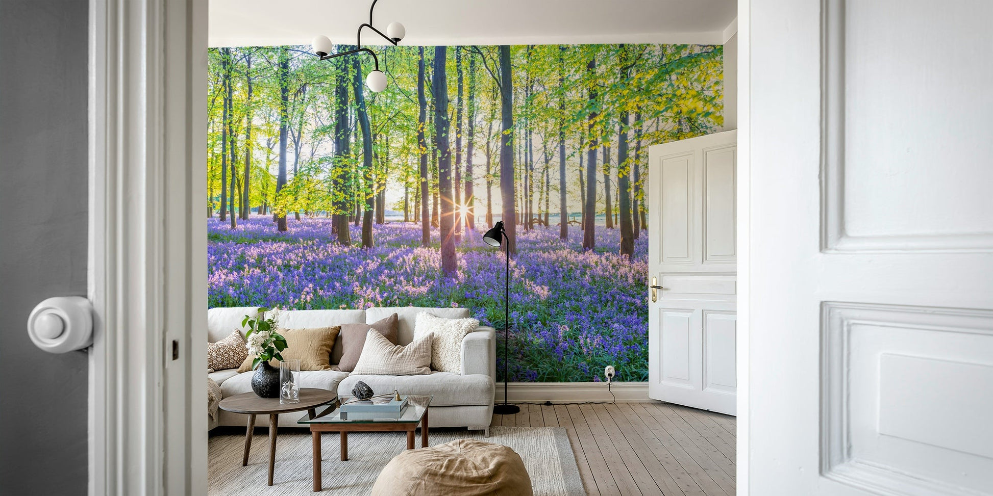 Bluebell flowers covering the forest floor
