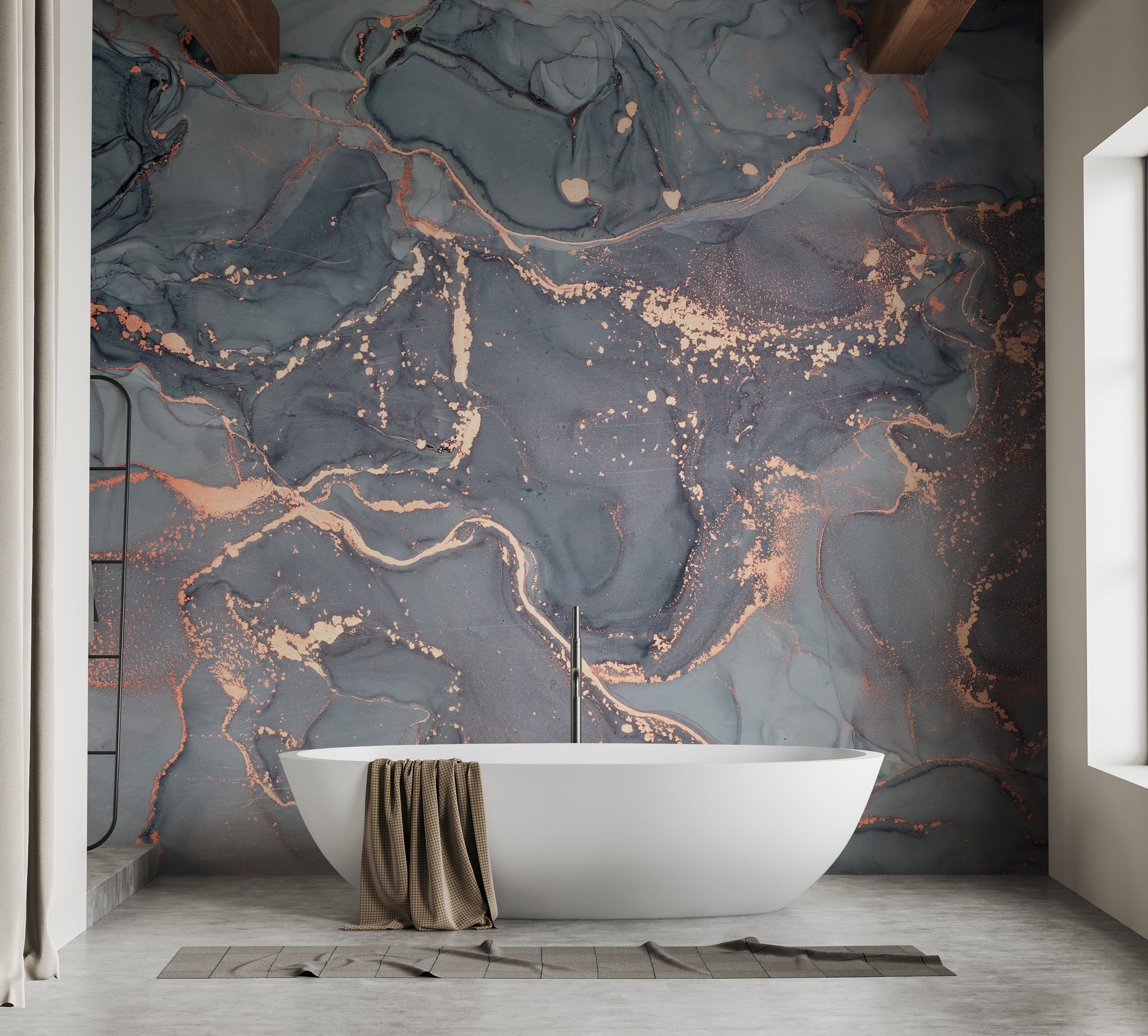 Metallic abstract mural with copper tones