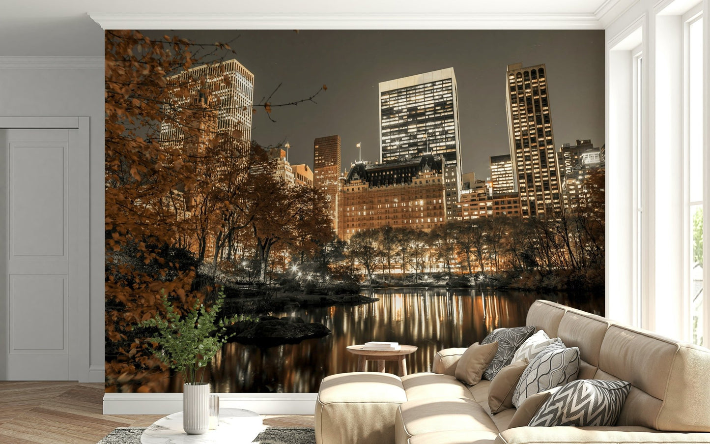 Panoramic wallpaper towering structures dusk foliage beauty.