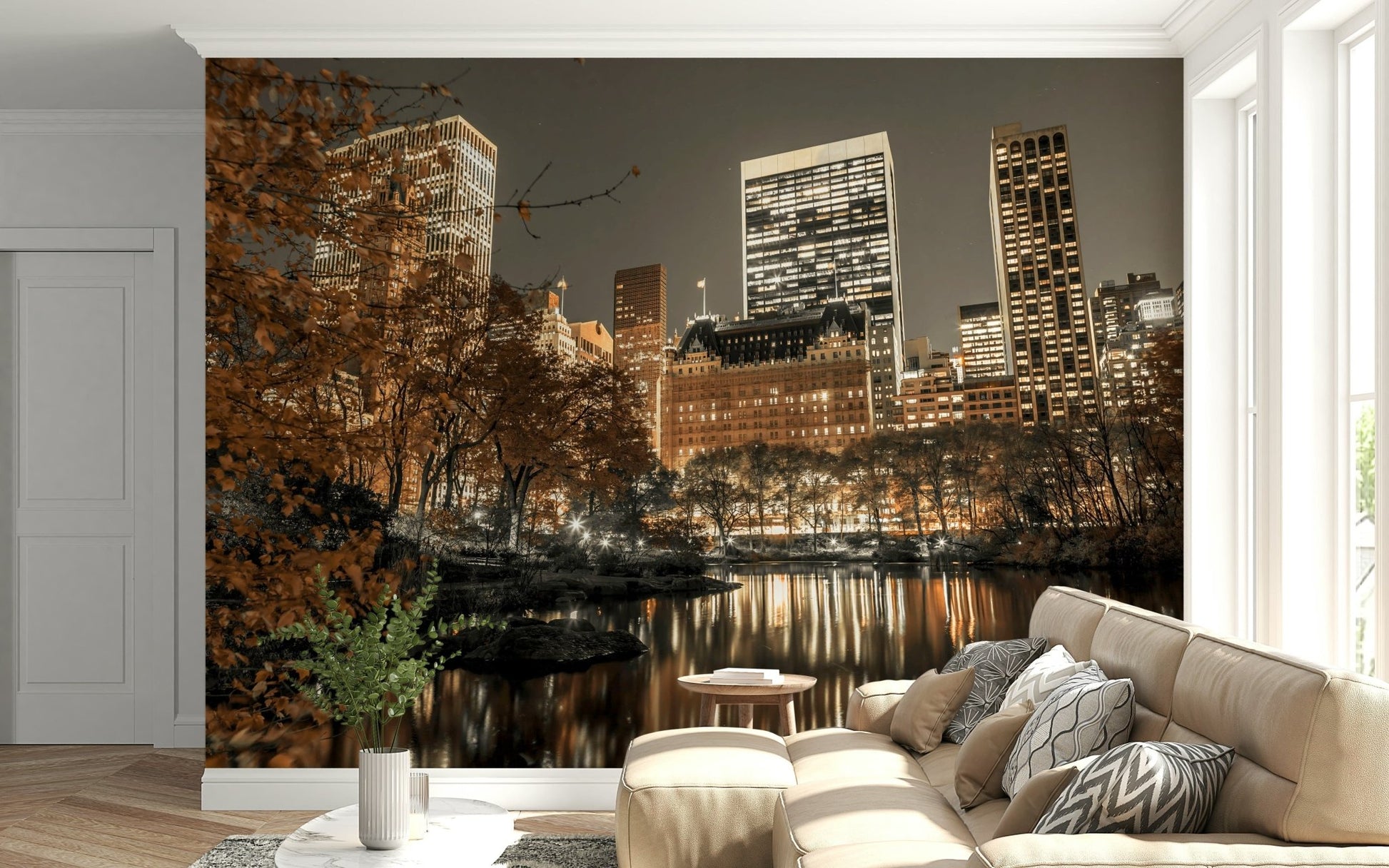 Panoramic wallpaper towering structures dusk foliage beauty.