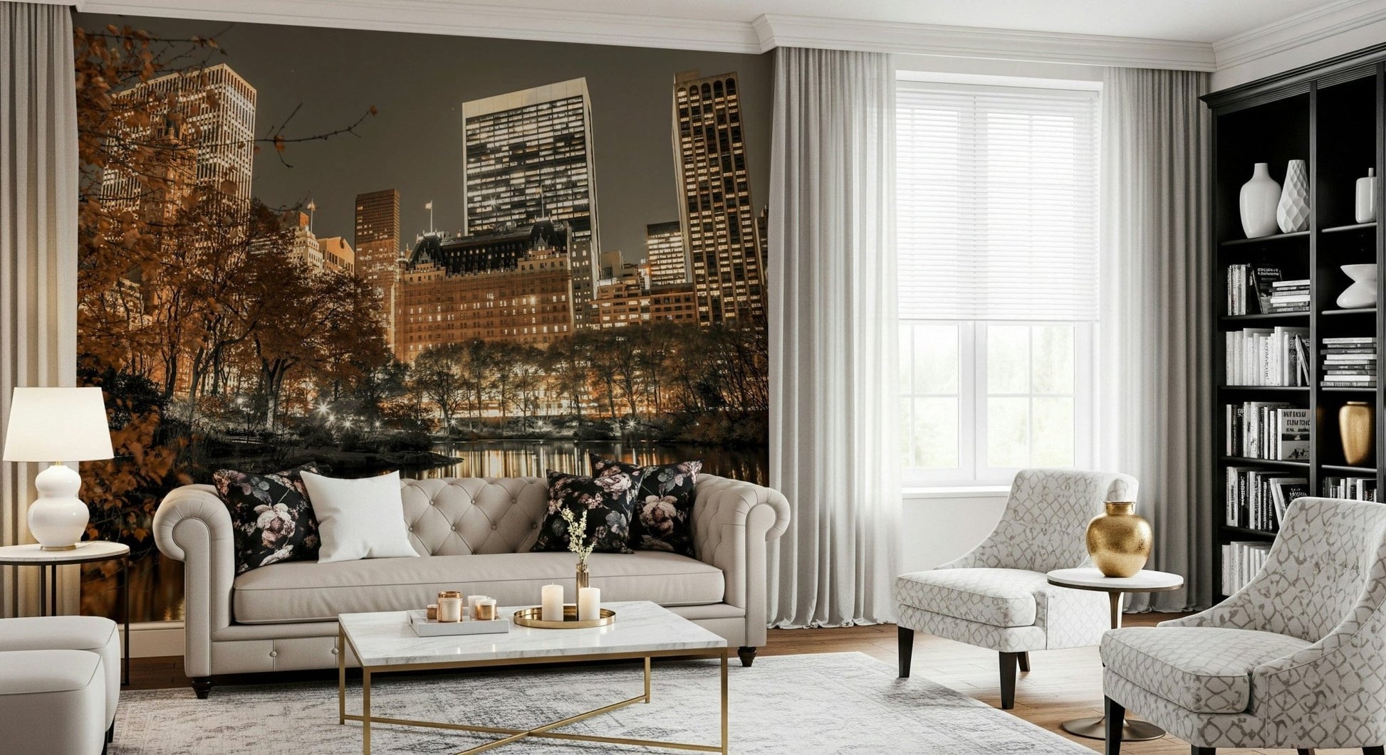 Exceptional wall mural city park calm water majestic buildings.