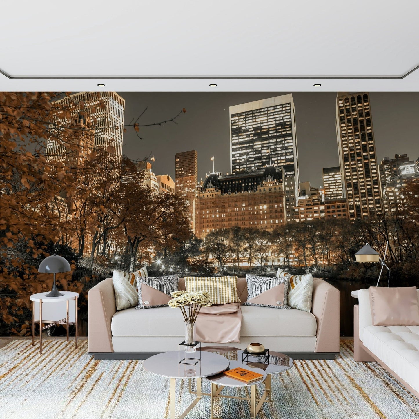Metropolis skyline dusk pond reflection ambient light design.