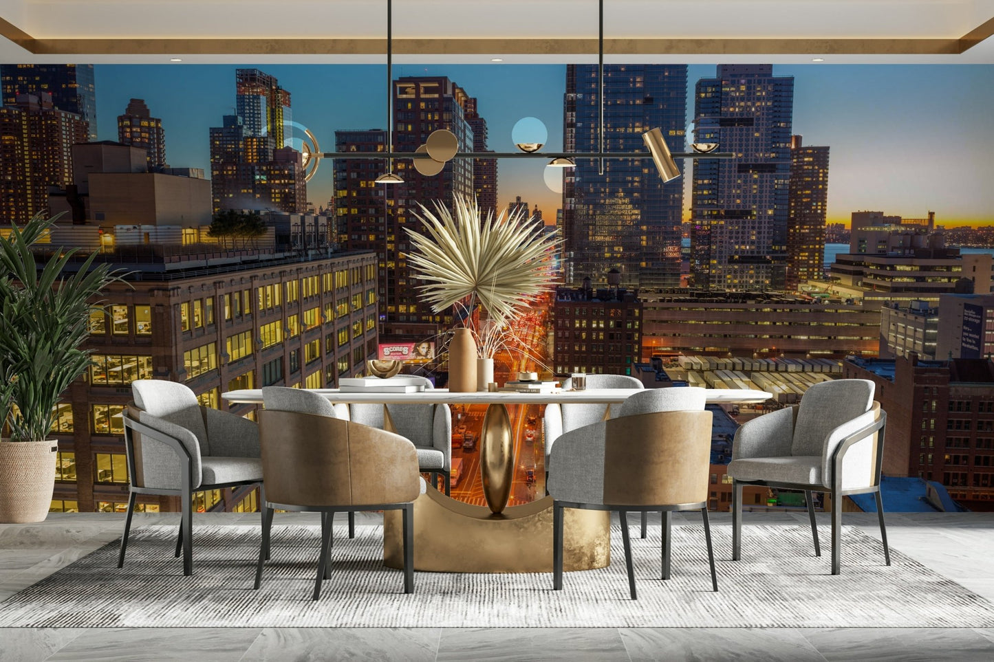 The image shows a sweeping panoramic view of a modern metropolis as the sun sets.

