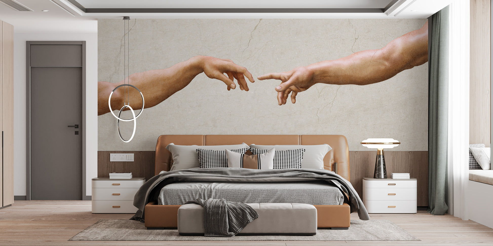 Michelangelos famous masterpiece wallpaper mural of touching hands above a tan leather bed in a modern bedroom
