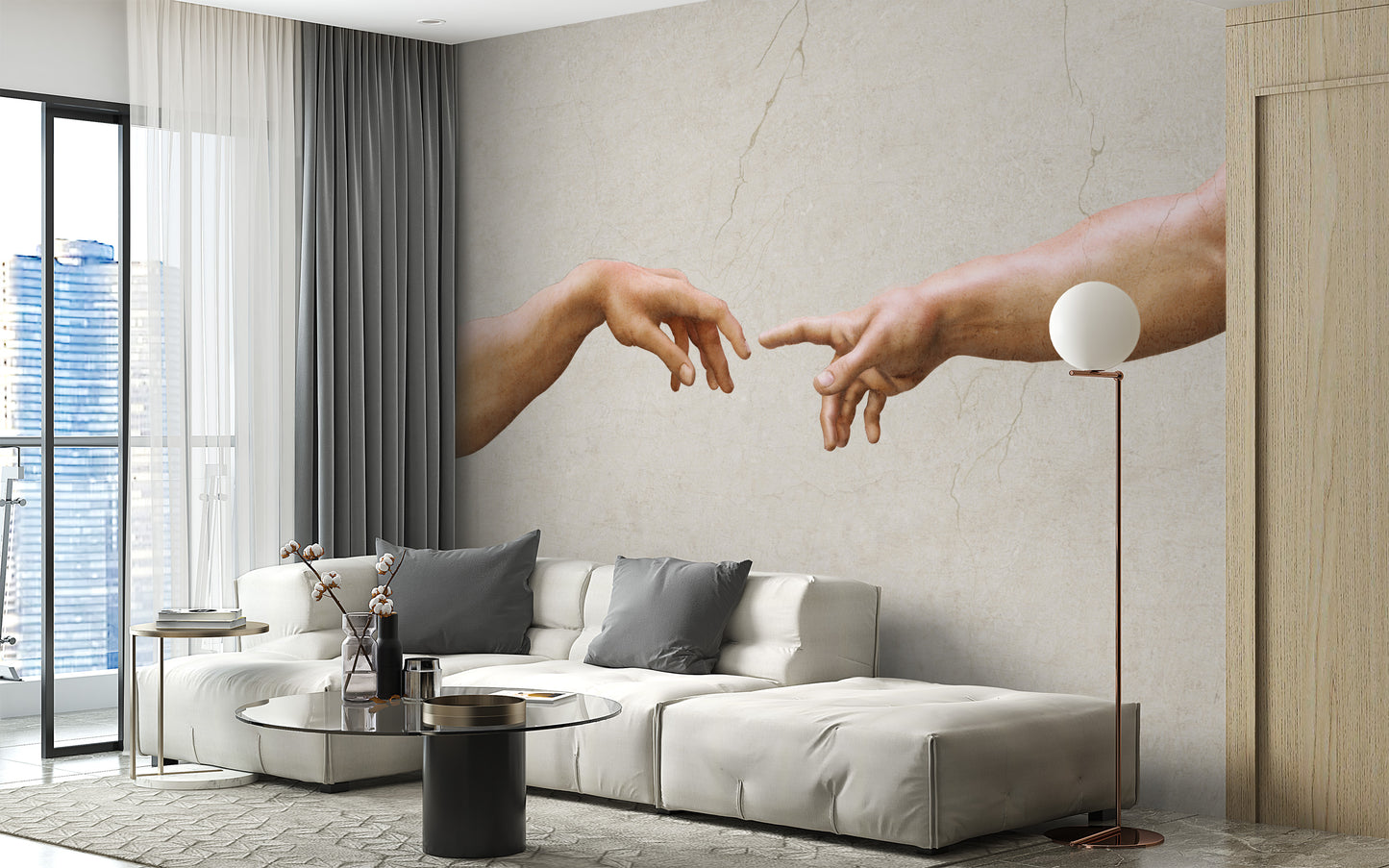 Michelangelos famous masterpiece wallpaper mural of two reaching hands behind a white sectional sofa in a living room