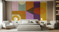Purple pillar forms create bold Mid-Century Abstract wallpaper depth.