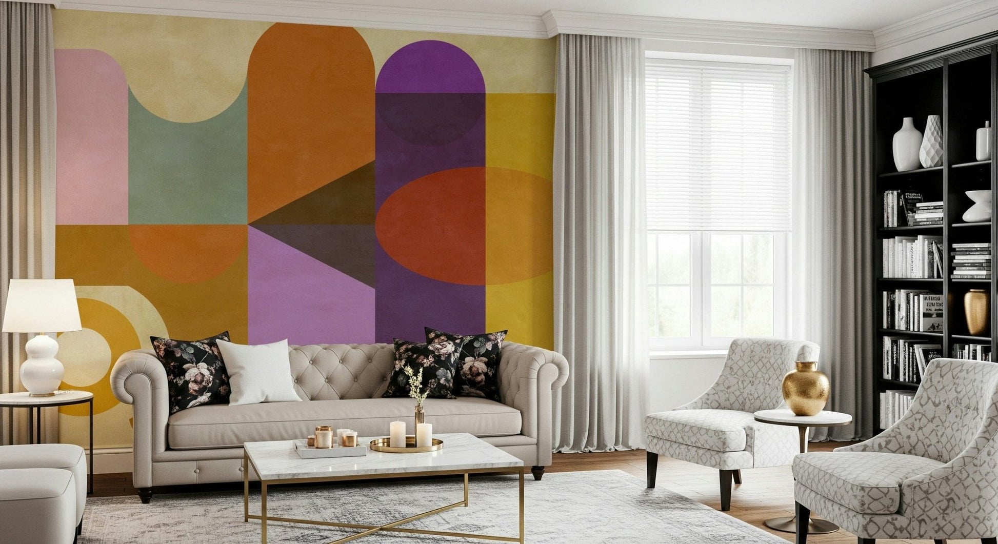 Mid-Century Abstract wall mural features retro orange geometric arches.