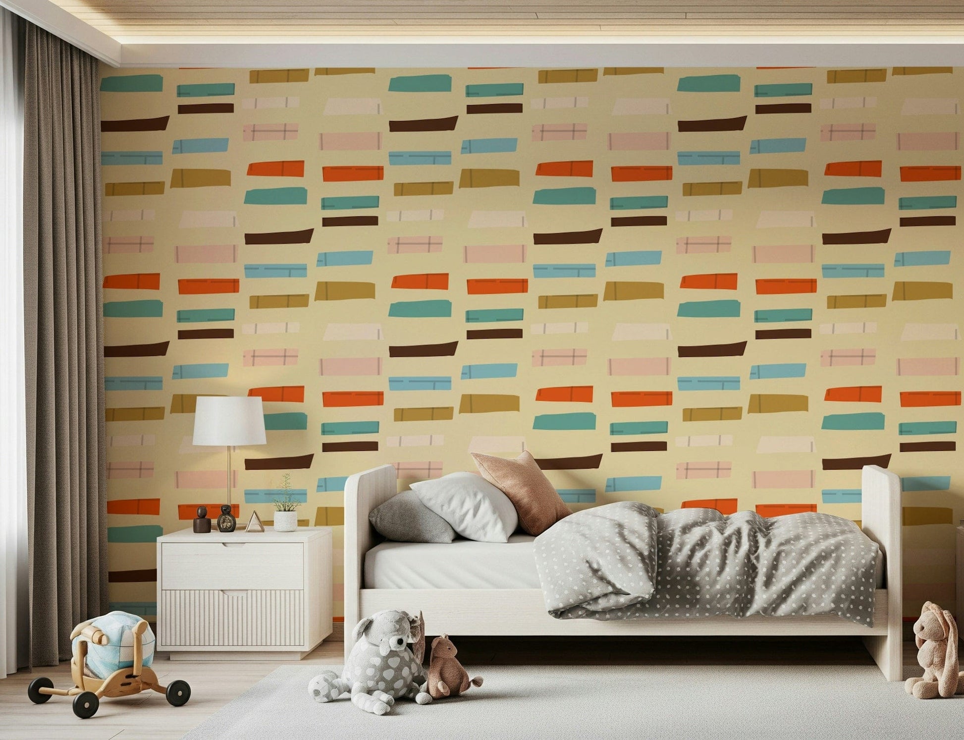 Chic Mid Mod Stacked Blocks Beige artwork; evokes elegant mid-century era.