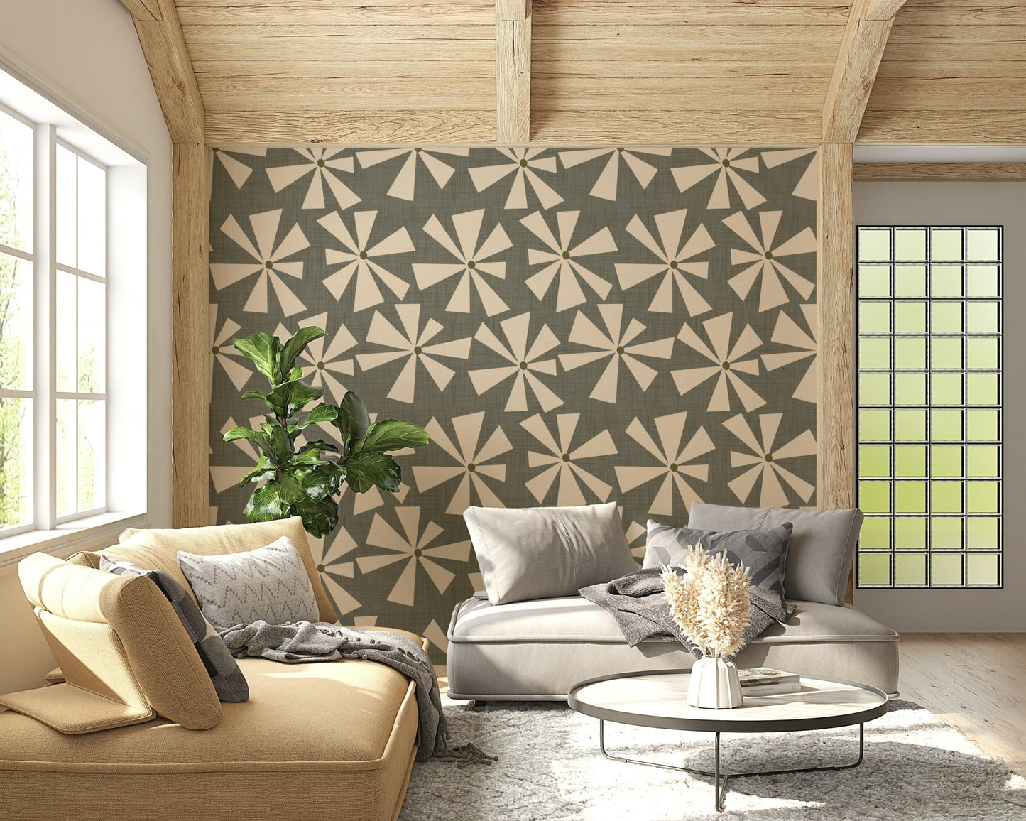 Retro floral wallpaper with abstract pinwheel-style blooms arranged in a scattered pattern.