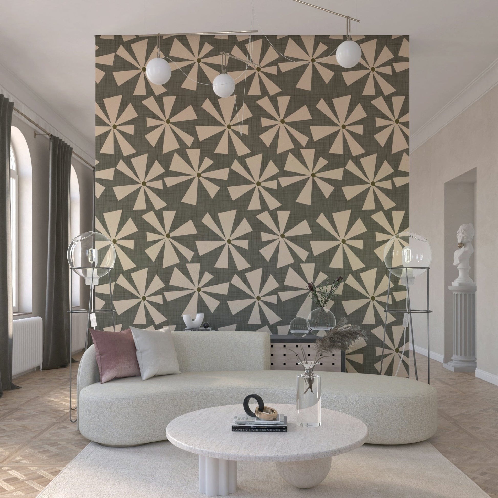 Abstract bloom wallpaper featuring star-like cream flowers with a retro aesthetic.