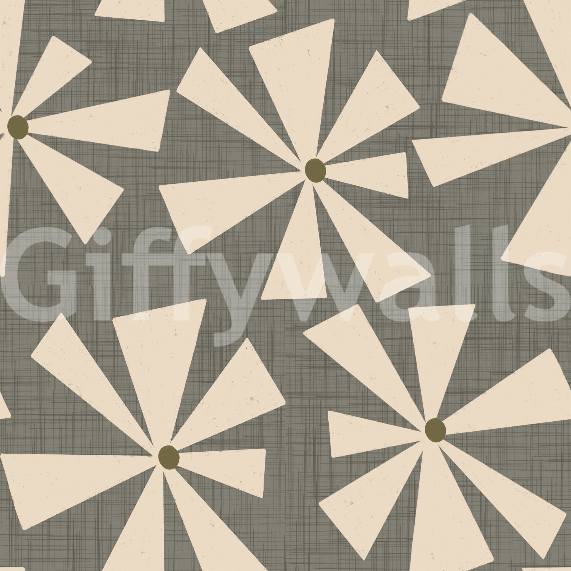 Abstract mid-century floral wallpaper with textured green background and cream blossoms.