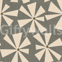 Abstract mid-century floral wallpaper with textured green background and cream blossoms.