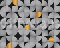 Gold-accented concrete wall mural with mid-century design

