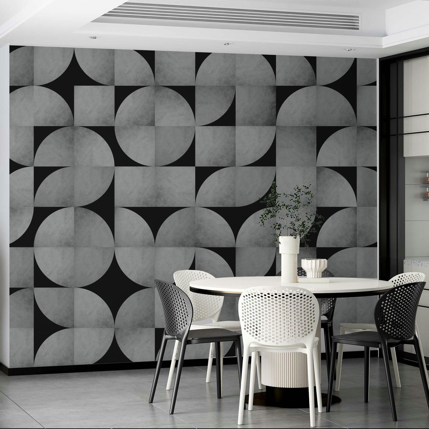 Mid-century mosaic mural with contrasting geometric shapes

