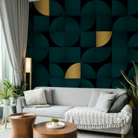 Retro-inspired wall mural in dark teal and gold tones

