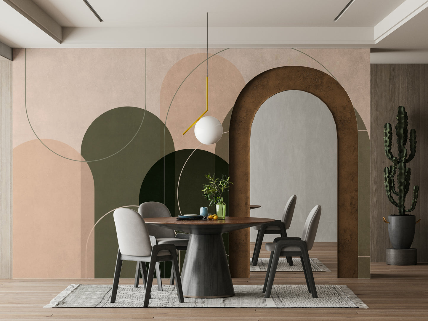 Modern interior with mid-century geometric wallpaper

