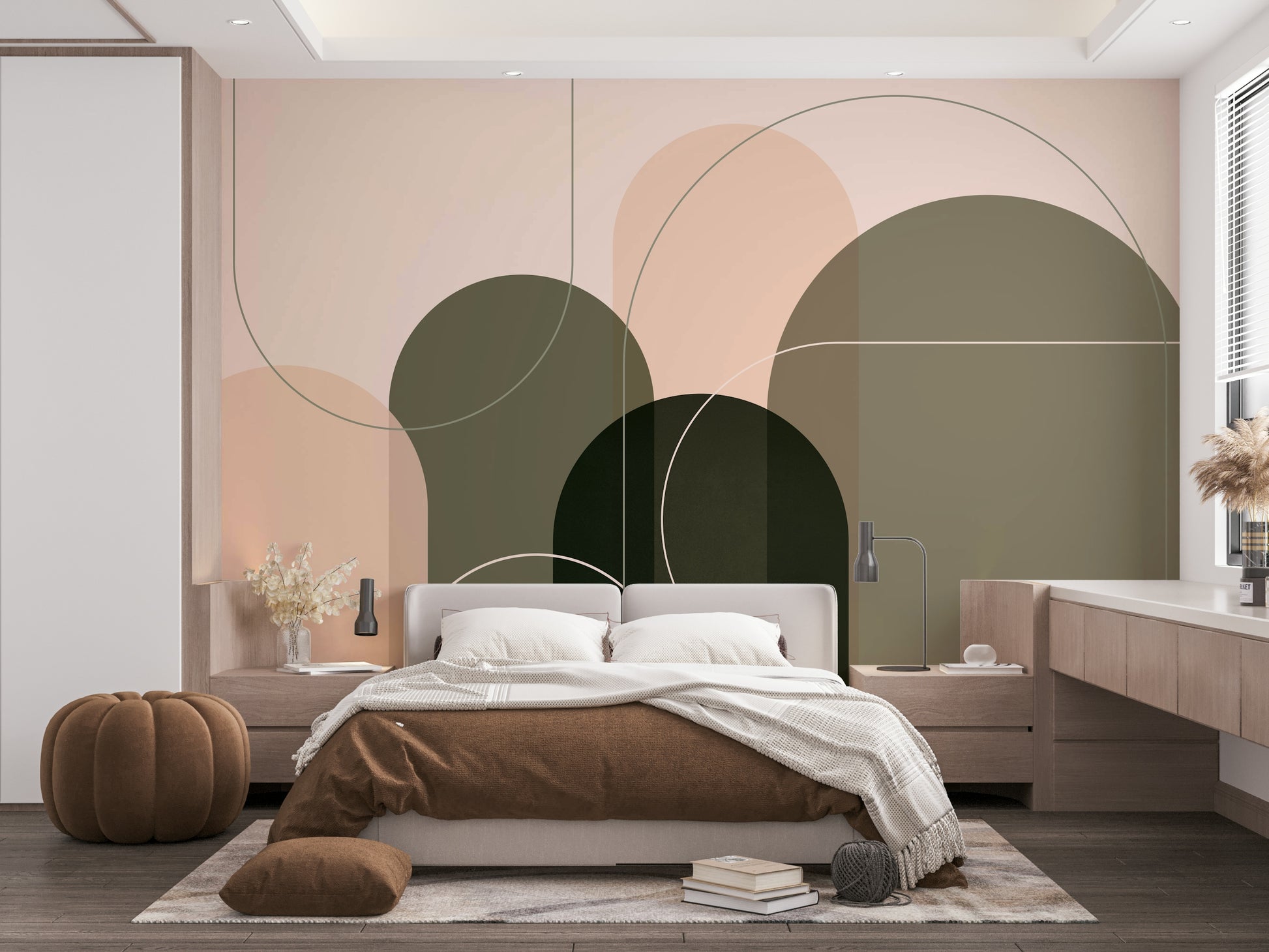 Living room with modern mid-century wall mural

