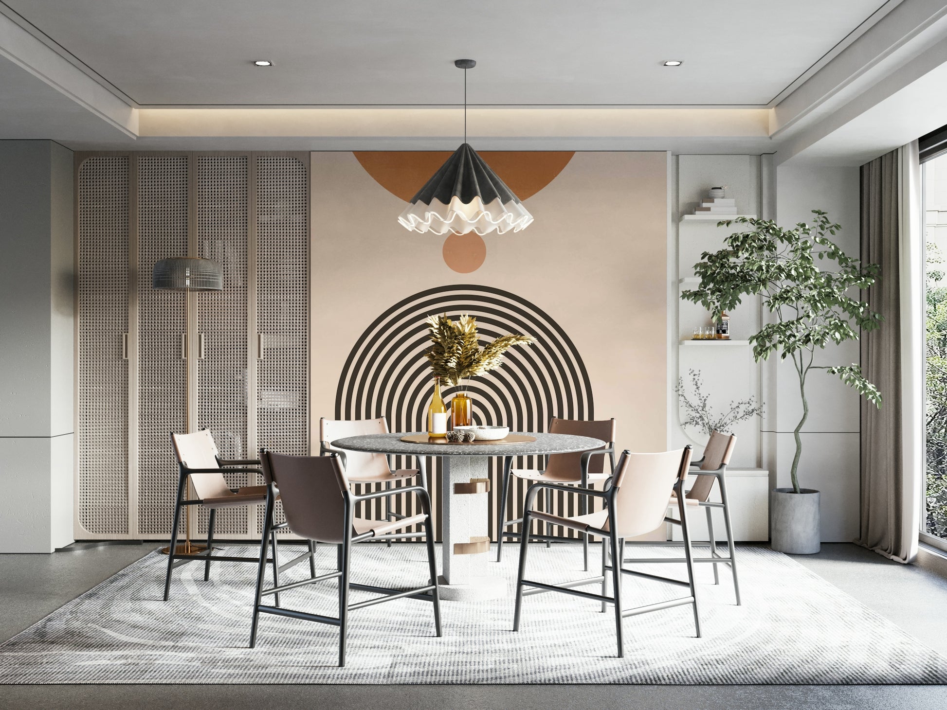 Stylish mural with layered retro arches

