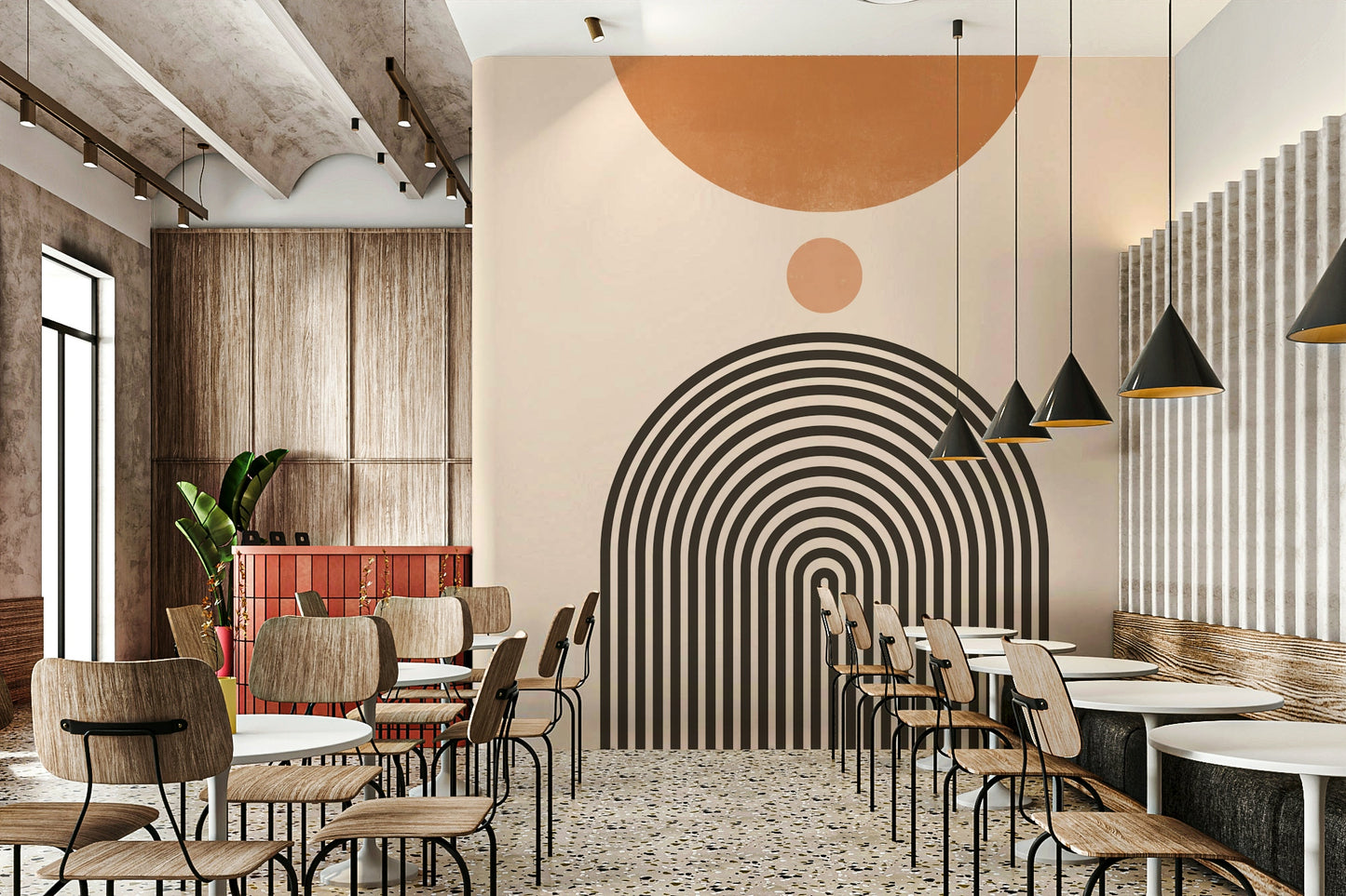 Abstract arches in retro wall mural design

