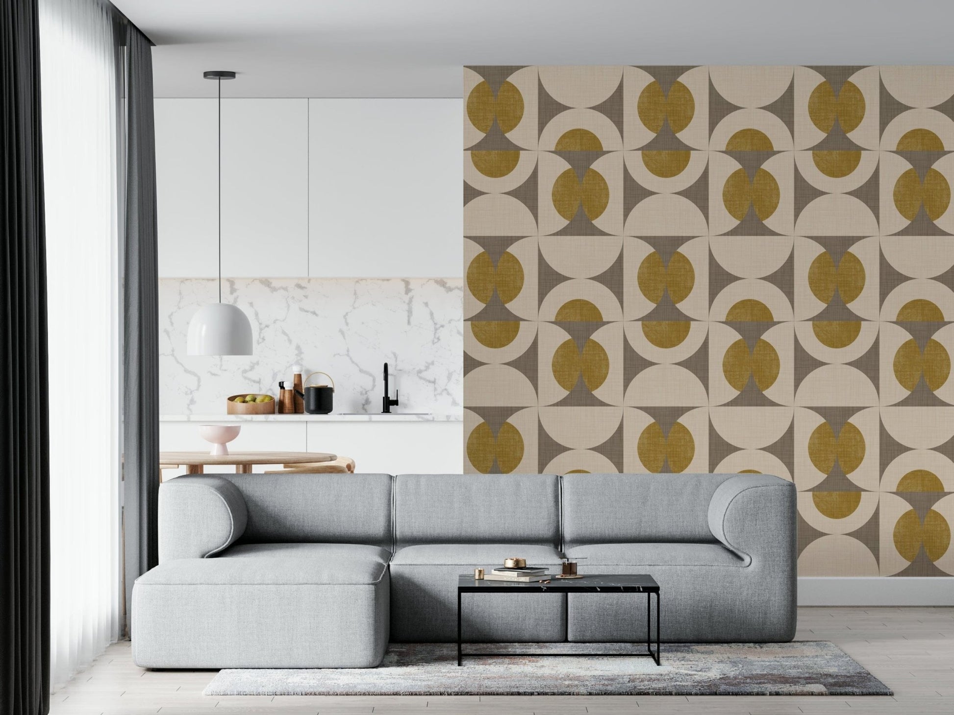 Cream wallpaper decorated with mustard yellow circles framed by gray and white arc forms