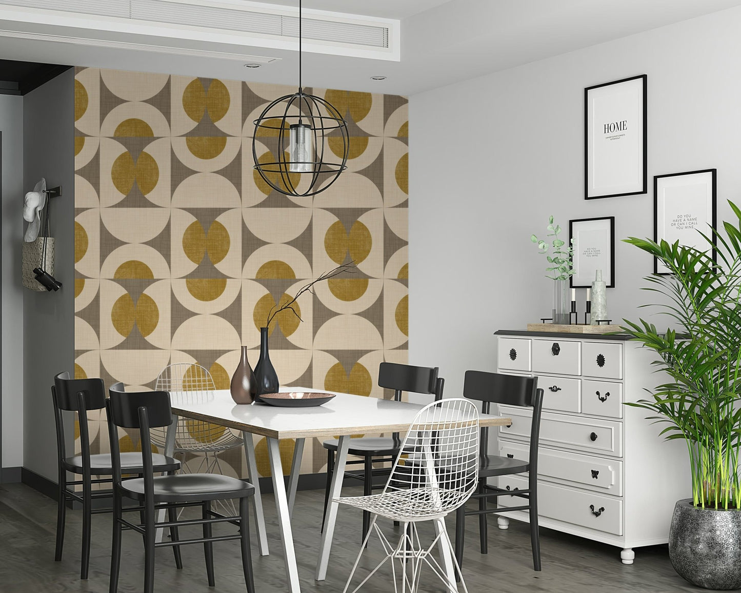 Repeating geometric pattern showcasing mid-century style curves and bold mustard accents
