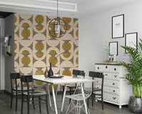 Repeating geometric pattern showcasing mid-century style curves and bold mustard accents