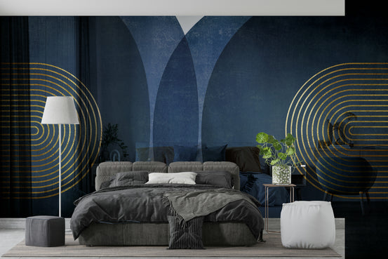 Mid Century Modern Blue wallpaper mural with gold arches behind a grey bed and white floor lamp in a bedroom