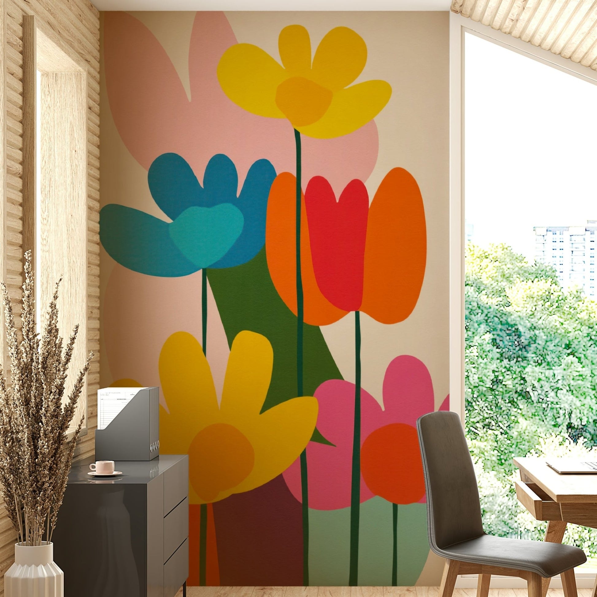 Vintage-inspired wall mural featuring bold florals

