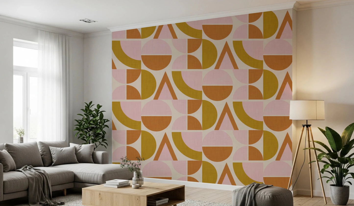 Mid - Century Modern Geometric Arches & Halves Pink Mustard Terracotta Wallpaper⁠