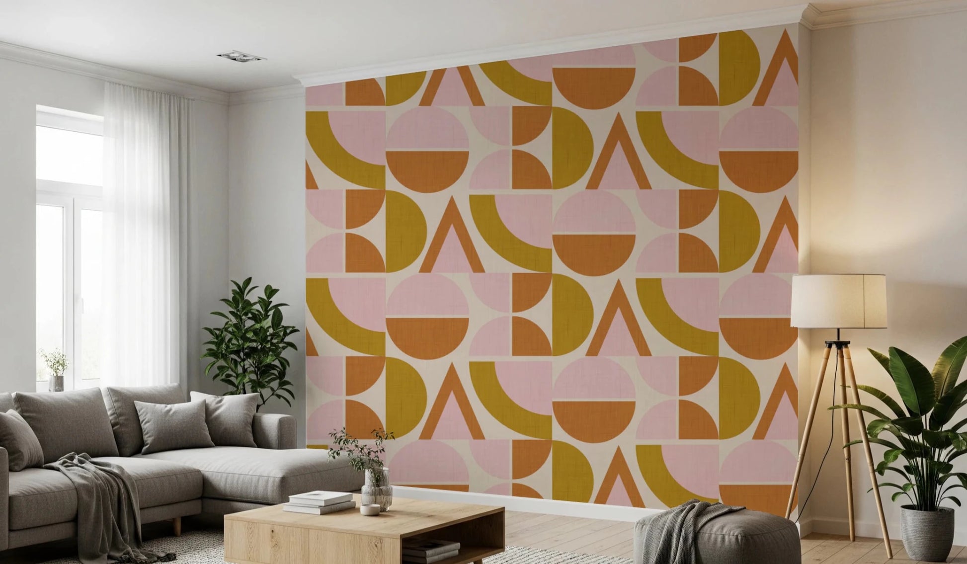 Mid - Century Modern Geometric Arches & Halves Pink Mustard Terracotta Wallpaper⁠