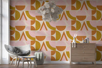 Mid - Century Modern Geometric Arches & Halves Pink Mustard Terracotta Wallpaper⁠