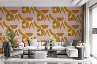 Mid - Century Modern Geometric Arches & Halves Pink Mustard Terracotta Wallpaper⁠
